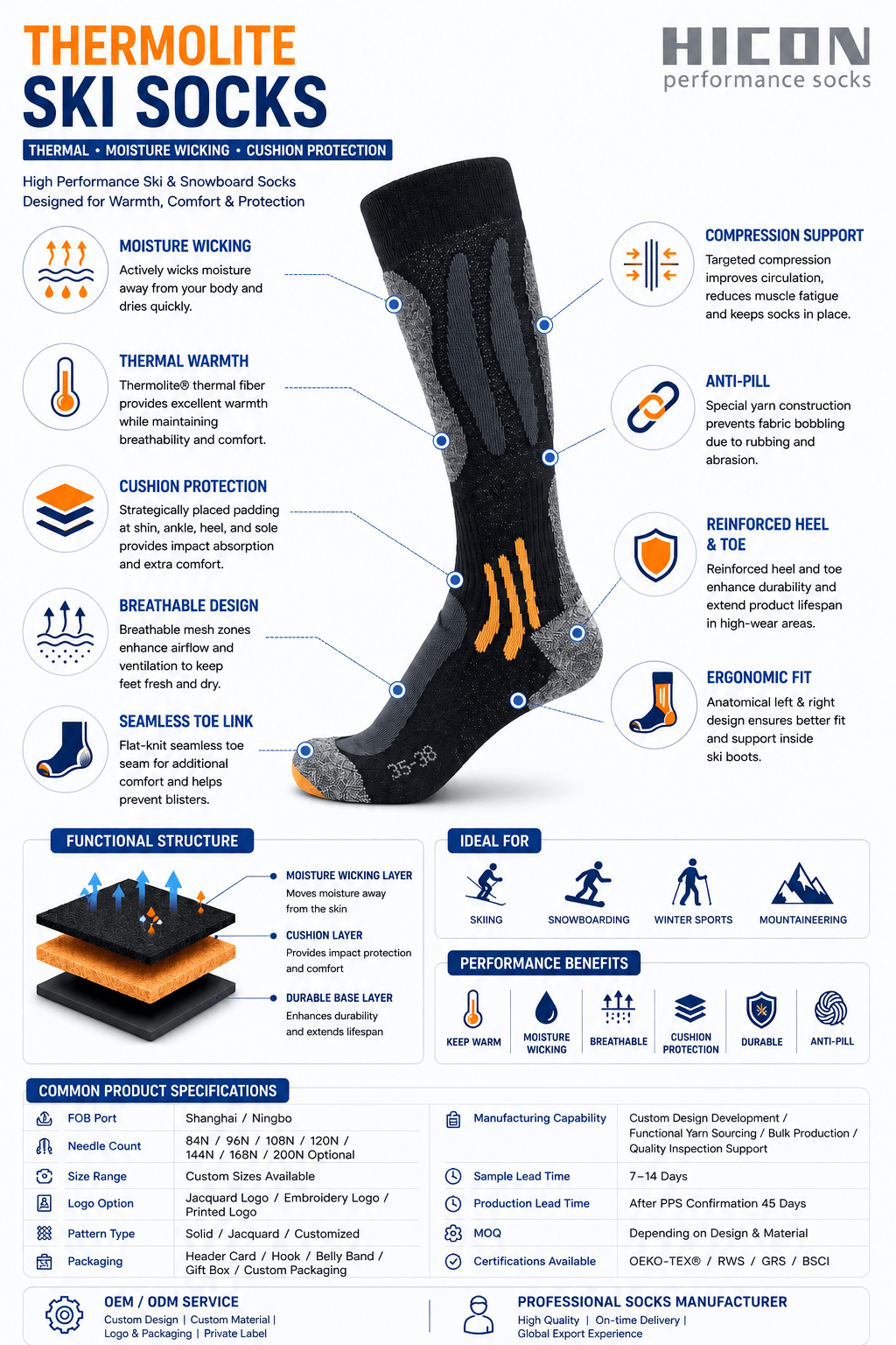 Thermolite ski socks-thermal ski socks manufacturer-moisture wicking snowboard socks
